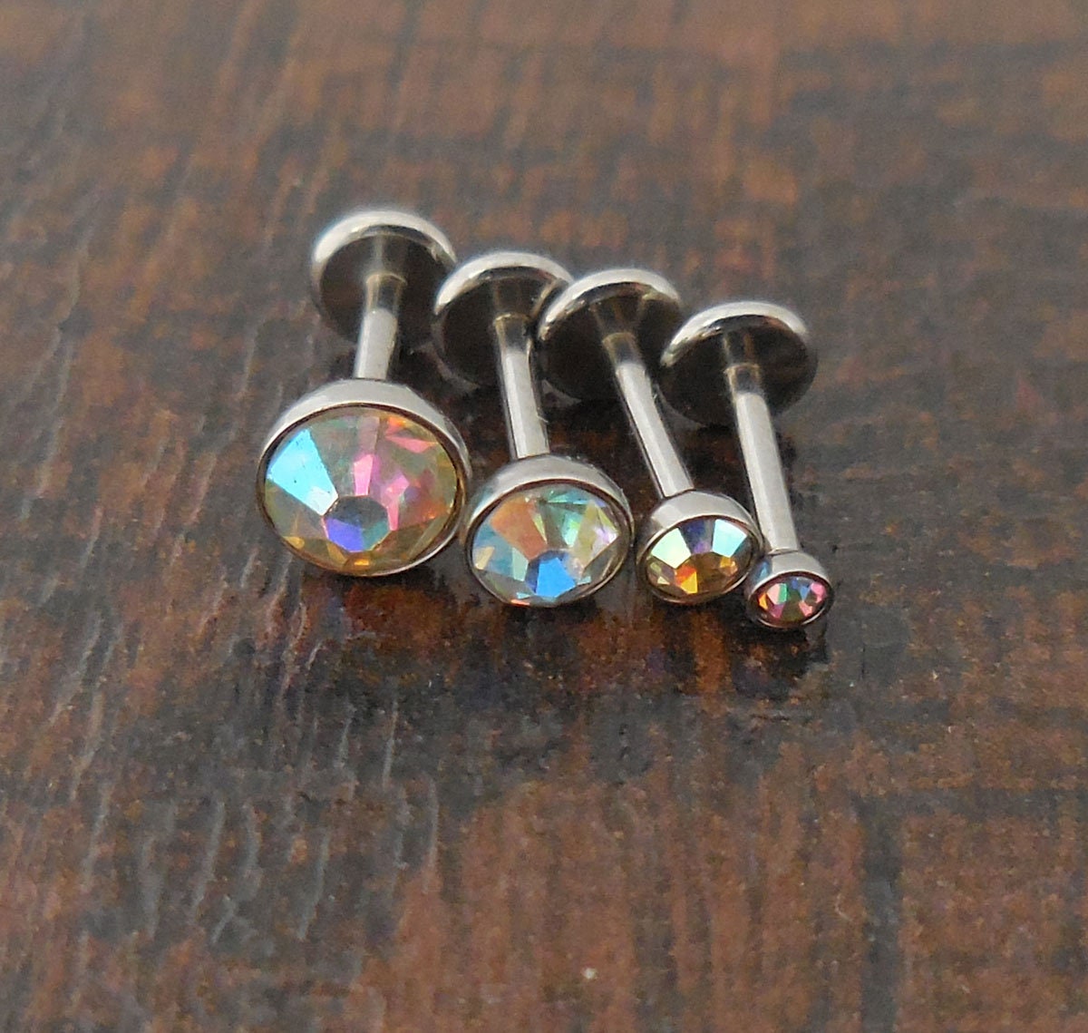 16g 2, 3, 4 or 5mm AB Aurora Borealis 6mm or 8mm Thread less Push Pin Triple Forward Helix Earring Cartilage Labret Stainless Nose Ring