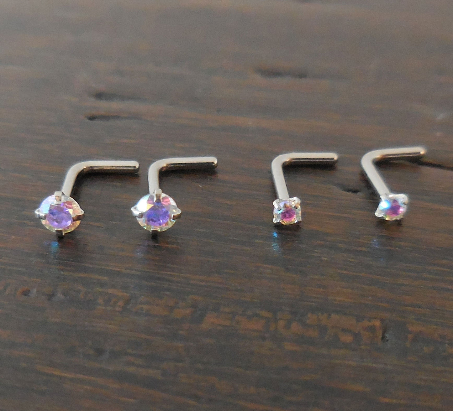 Pair 2mm or 3mm Prong Set Screws Nose Rings Many Colors Stainless Steel Blue Red Pink AB Crystal L Shape 20G or 18G
