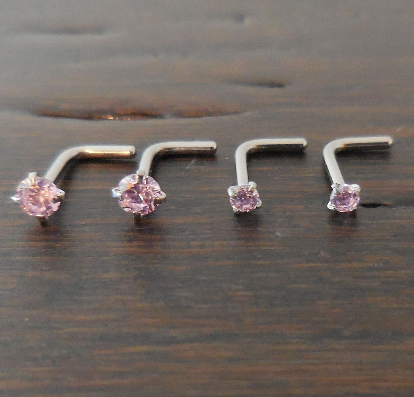 Pair 2mm or 3mm Prong Set Screws Nose Rings Many Colors Stainless Steel Blue Red Pink AB Crystal L Shape 20G or 18G