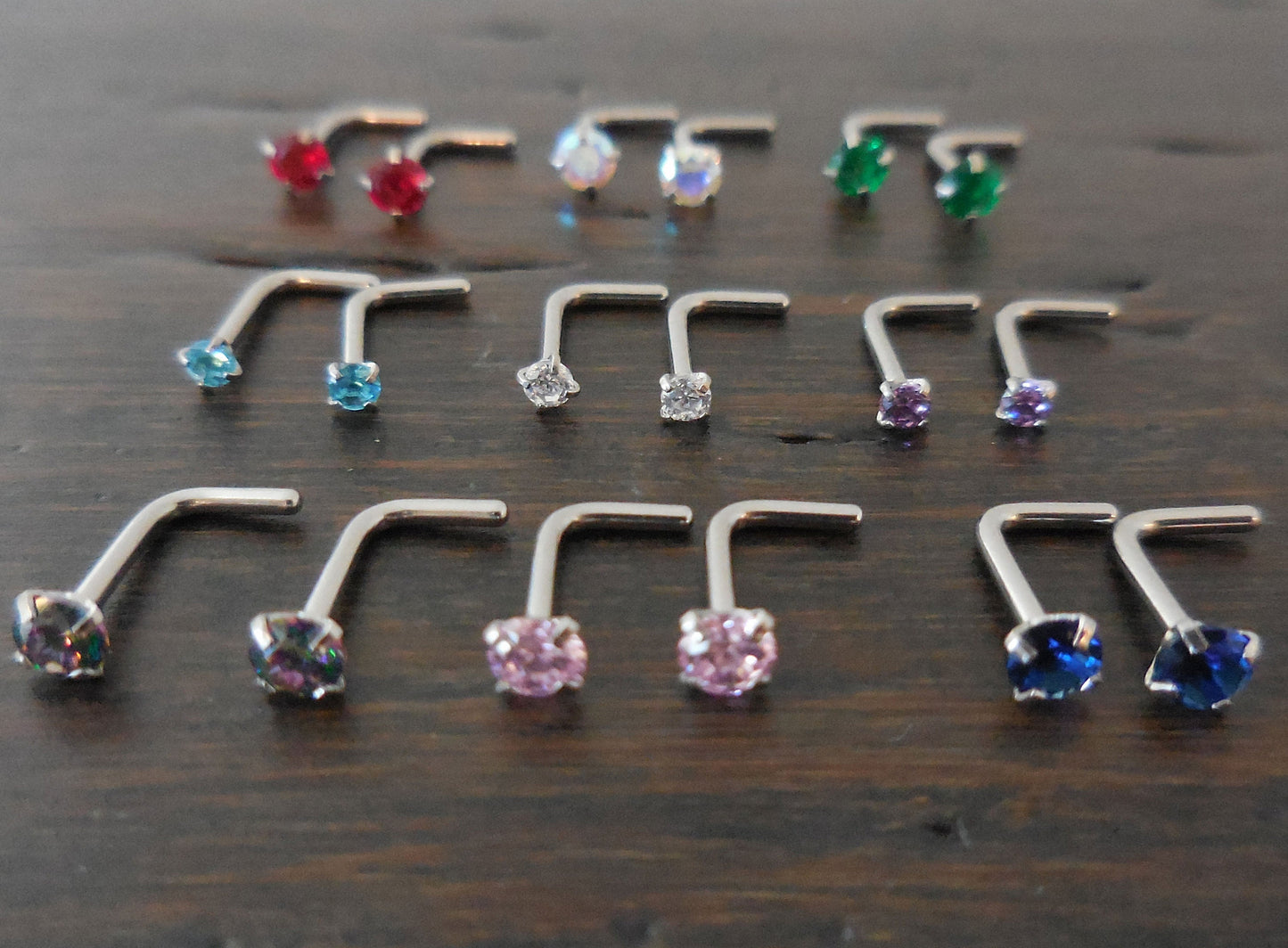 Pair 2mm or 3mm Prong Set Screws Nose Rings Many Colors Stainless Steel Blue Red Pink AB Crystal L Shape 20G or 18G