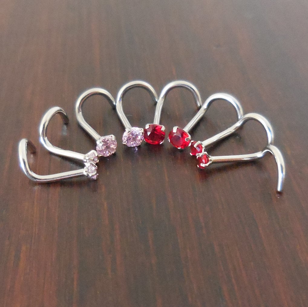 Pair 2mm or 3mm Prong Set Screws Nose Rings Many Colors Stainless Steel Rainbow Prism AB Crystal CZ 20G or 18G