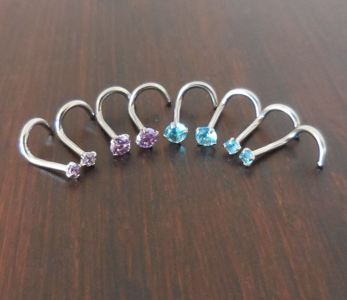 Pair 2mm or 3mm Prong Set Screws Nose Rings Many Colors Stainless Steel Rainbow Prism AB Crystal CZ 20G or 18G