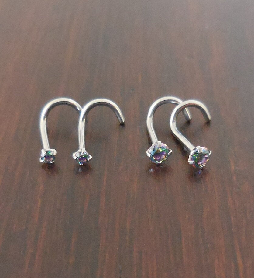 Pair 2mm or 3mm Prong Set Screws Nose Rings Many Colors Stainless Steel Rainbow Prism AB Crystal CZ 20G or 18G