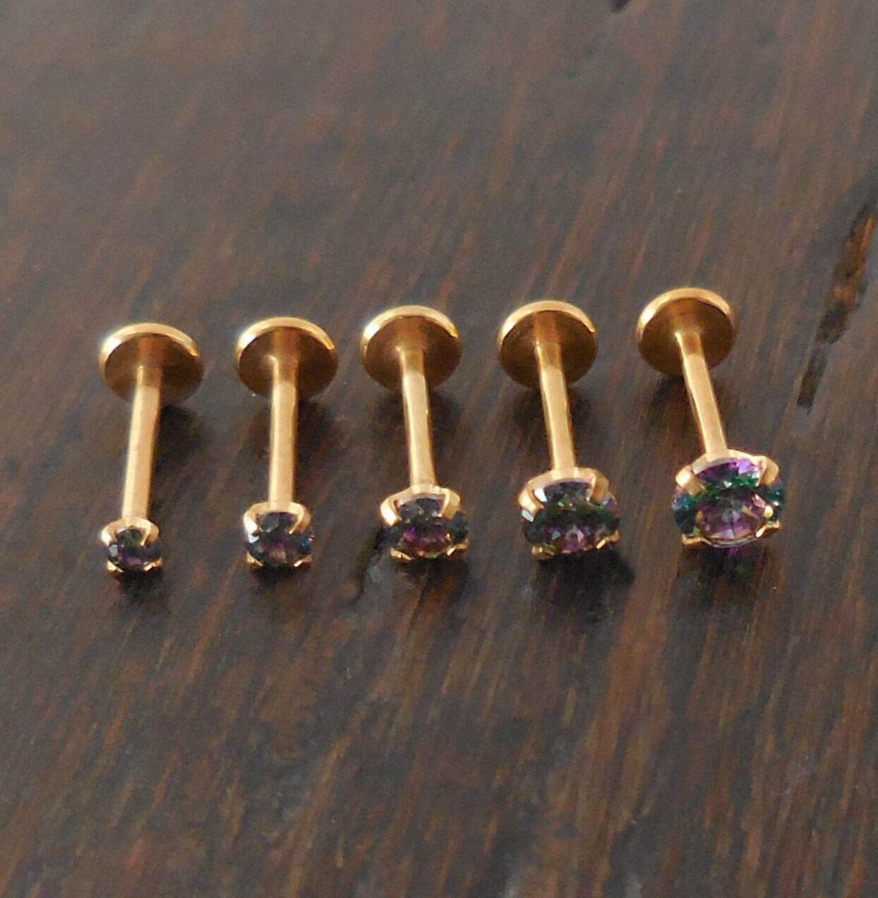 18g 2-4mm Tragus Threadless Push Pin 6mm-8mm Dark Prism Rainbow Stone Gold Tone Labret Triple Helix Prong Set Nose Ring Cartilage Earrings