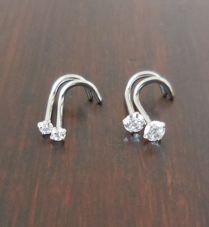 Pair 2mm or 3mm Prong Set Screws Nose Rings Many Colors Stainless Steel Rainbow Prism AB Crystal CZ 20G or 18G