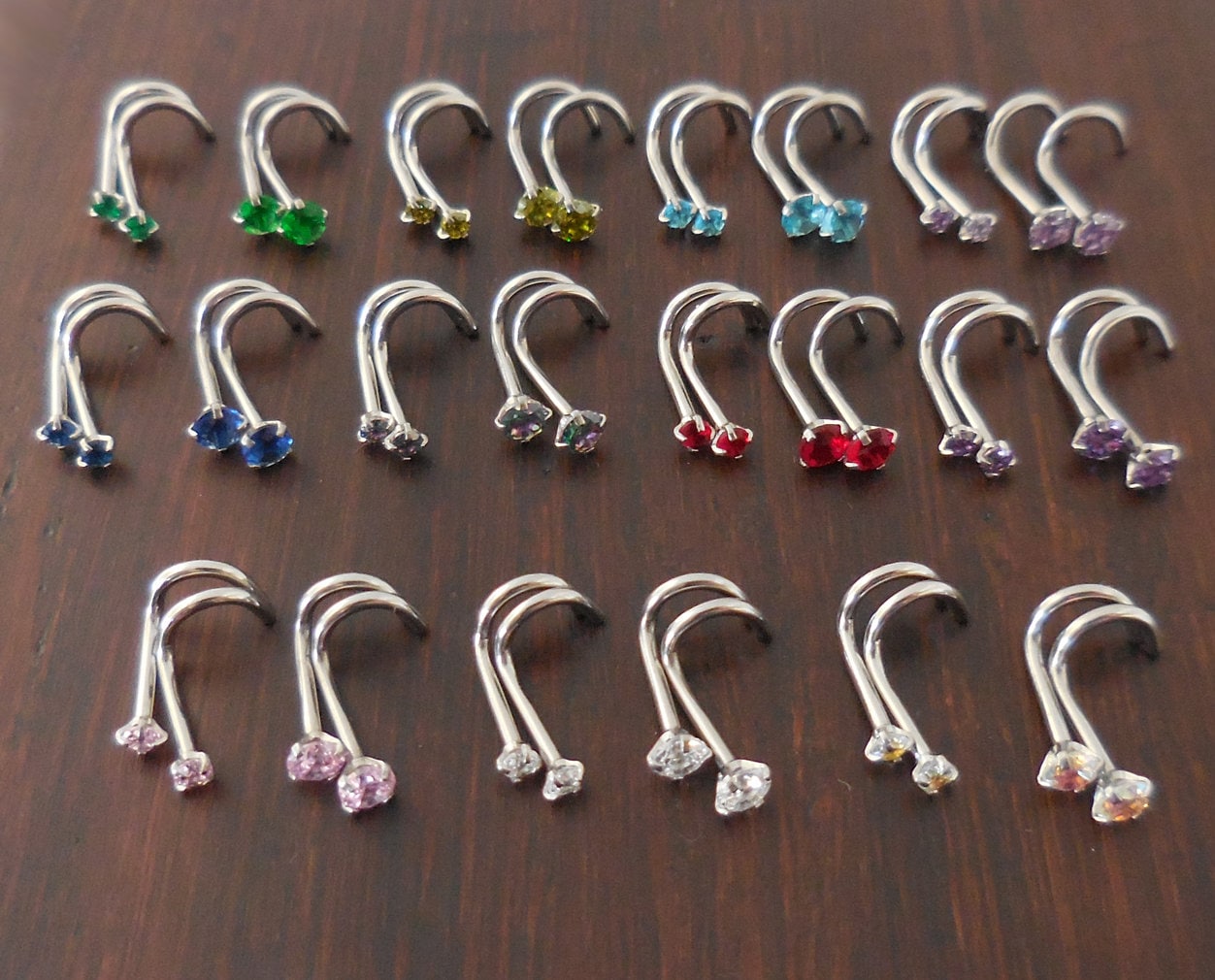 Pair 2mm or 3mm Prong Set Screws Nose Rings Many Colors Stainless Steel Rainbow Prism AB Crystal CZ 20G or 18G