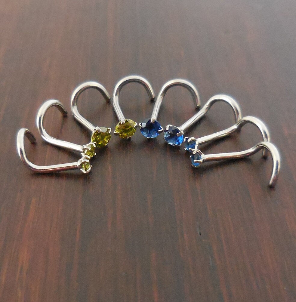 Pair 2mm or 3mm Prong Set Screws Nose Rings Many Colors Stainless Steel Rainbow Prism AB Crystal CZ 20G or 18G
