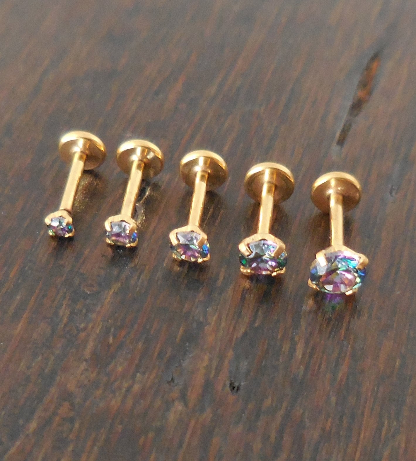 18g 2-4mm Tragus Threadless Push Pin 6mm-8mm Dark Prism Rainbow Stone Gold Tone Labret Triple Helix Prong Set Nose Ring Cartilage Earrings
