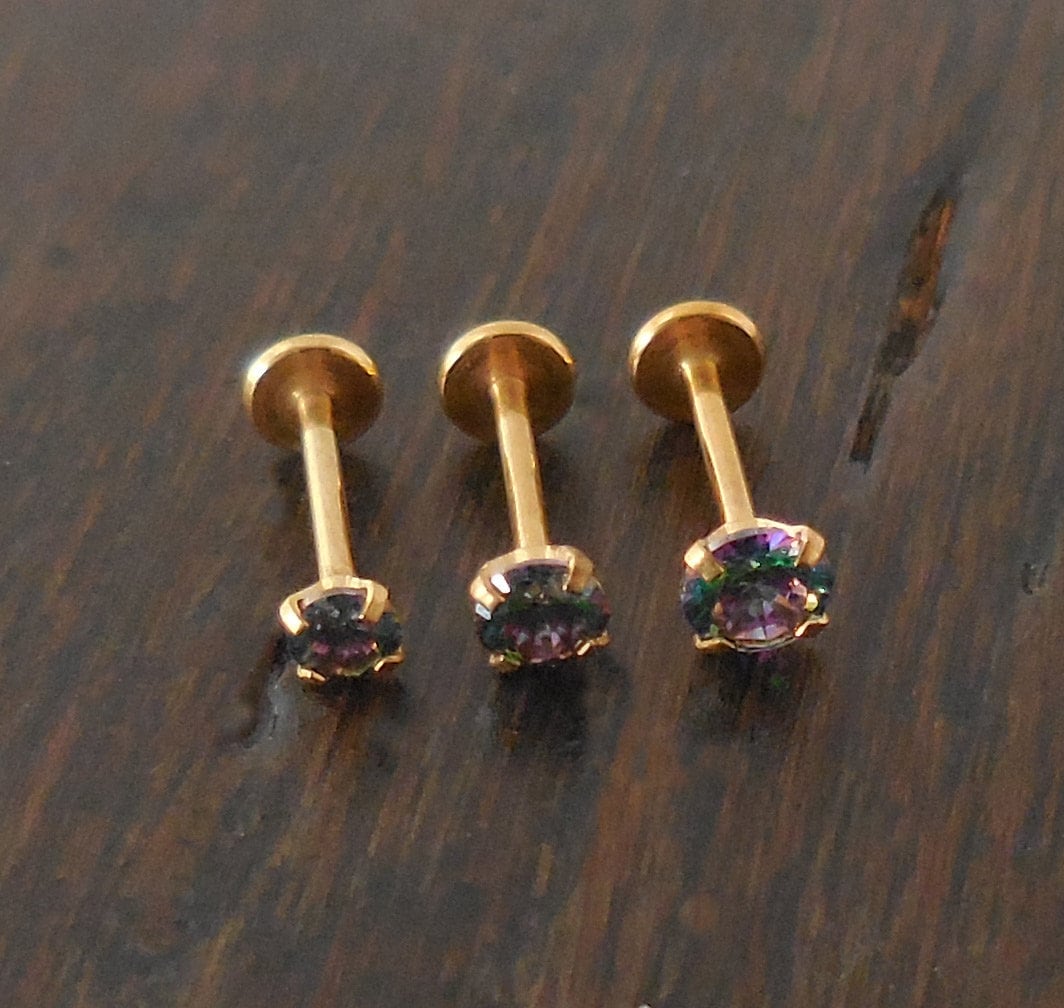 18g 2-4mm Tragus Threadless Push Pin 6mm-8mm Dark Prism Rainbow Stone Gold Tone Labret Triple Helix Prong Set Nose Ring Cartilage Earrings