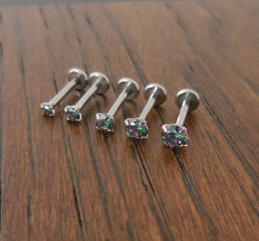 18G 2-4mm Tragus Rainbow Prong Set CZ Stone Threadless 6mm-8mm Push Pin Triple Forward Helix Nose Ring Labret Lip Earrings Stainless Steel