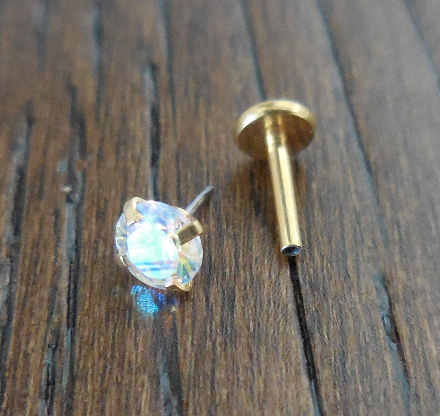 16g 2-4mm Tragus 6mm-8mm AB Crystal Push Pin Labret Nose Ring Titanium Prong Set Stone Cartilage Earrings Gold Tone Triple Helix Thread Less