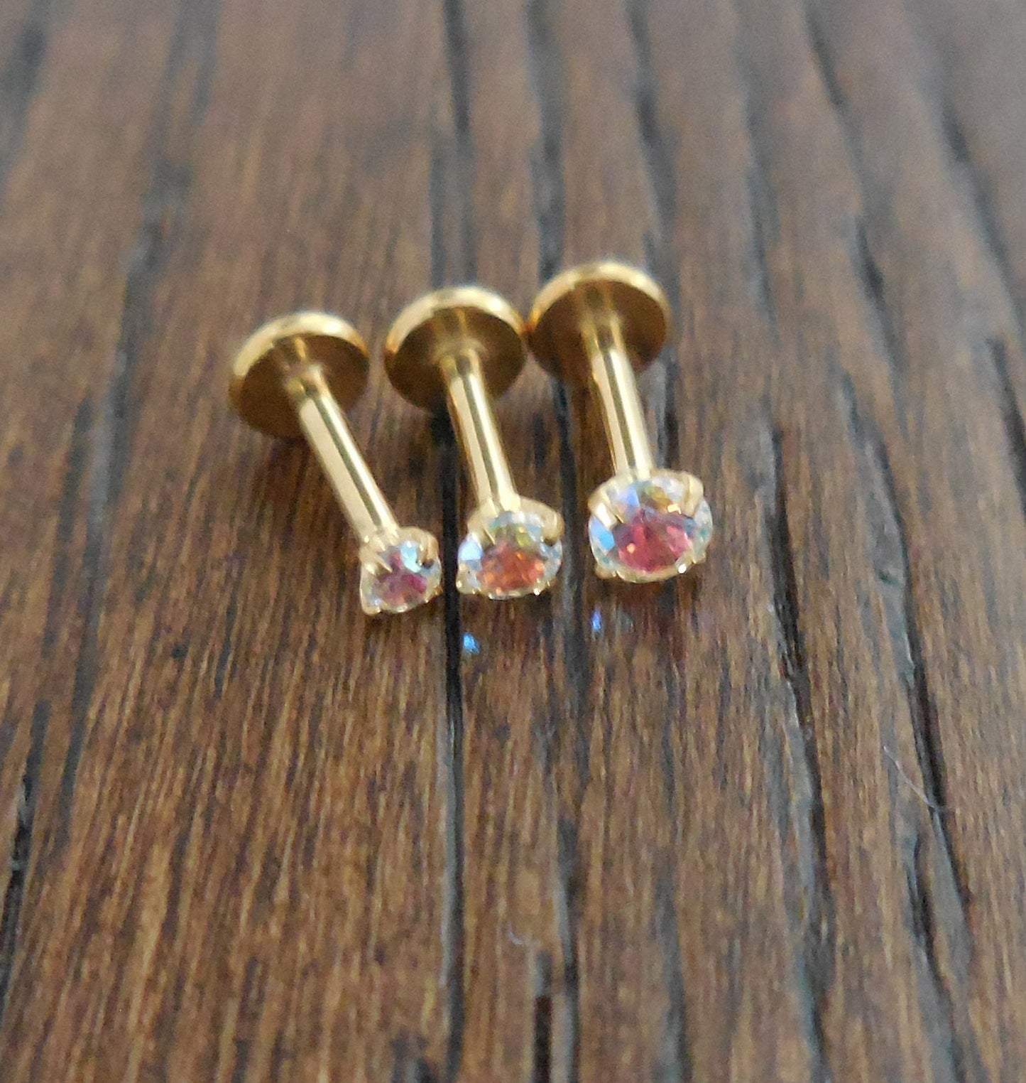 16g 2-4mm Tragus 6mm-8mm AB Crystal Push Pin Labret Nose Ring Titanium Prong Set Stone Cartilage Earrings Gold Tone Triple Helix Thread Less