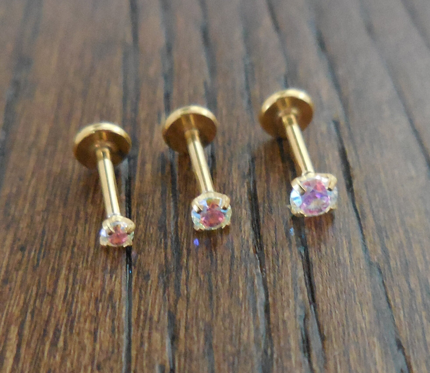 18g 2-4mm Tragus AB Crystal Push Pin Nose Ring Cartilage Earrings Gold Tone Labret Thread Less Triple Forward Helix Prong Set