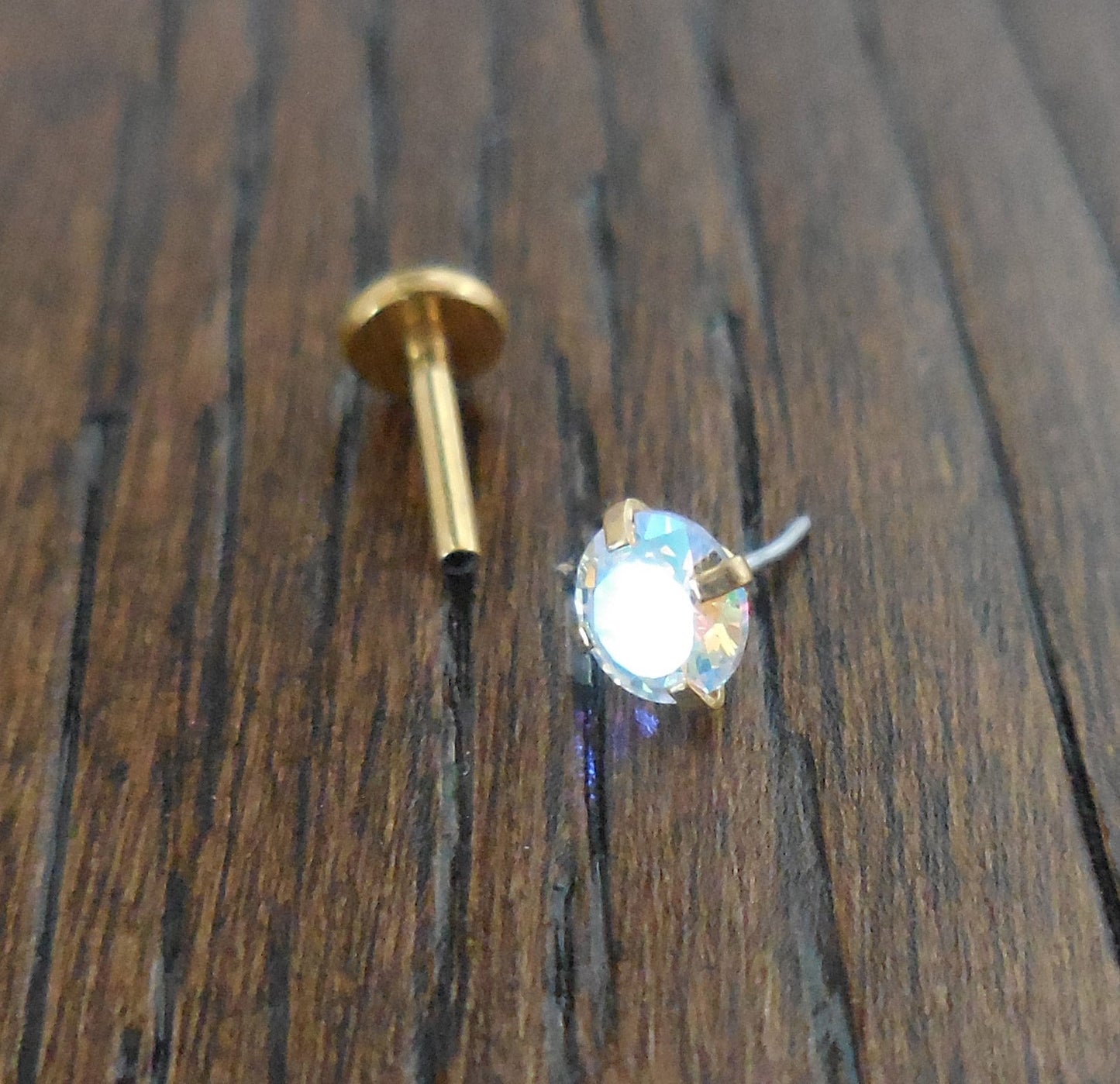 18g 2-4mm Tragus AB Crystal Push Pin Nose Ring Cartilage Earrings Gold Tone Labret Thread Less Triple Forward Helix Prong Set