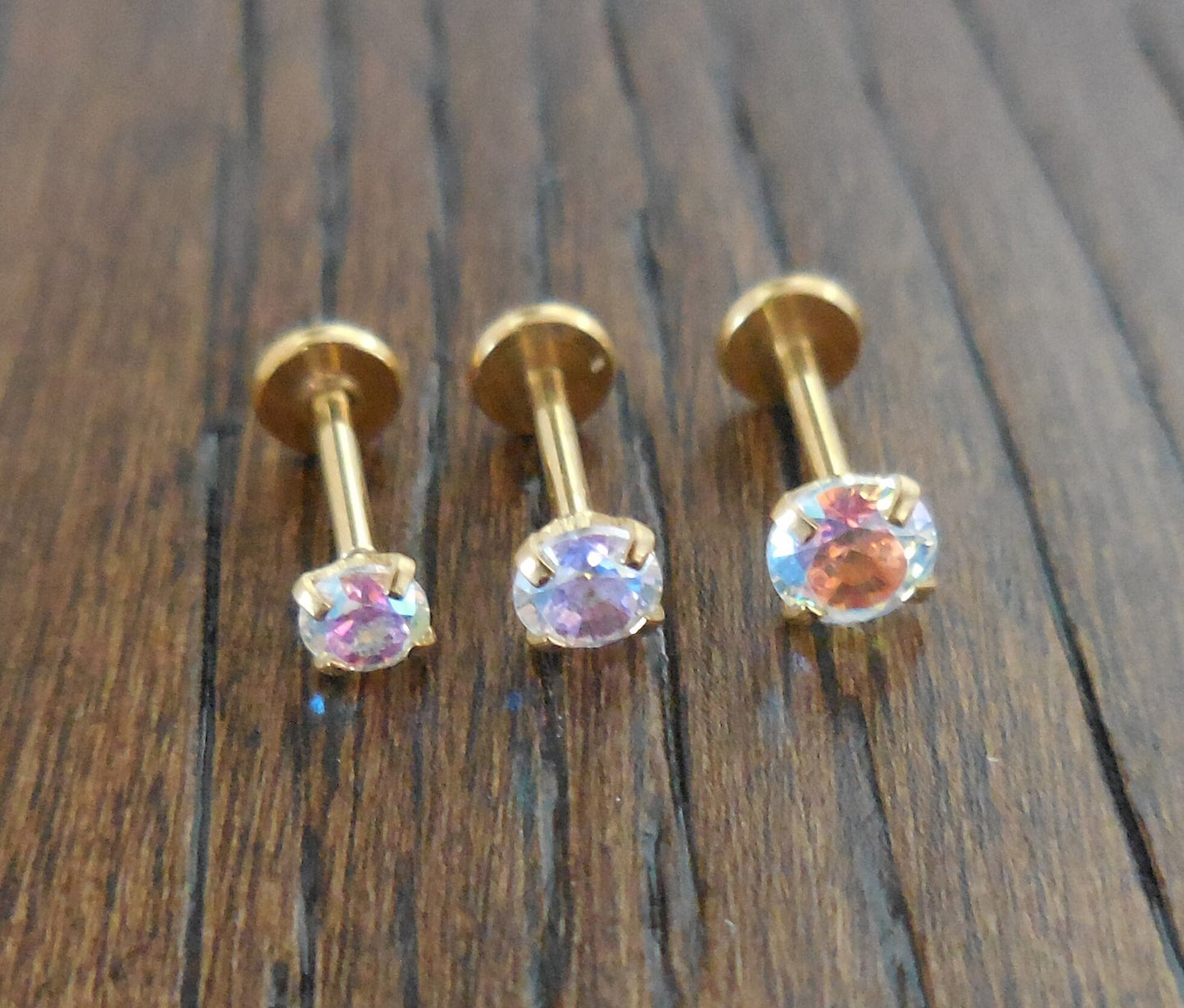 18g 2-4mm Tragus AB Crystal Push Pin Nose Ring Cartilage Earrings Gold Tone Labret Thread Less Triple Forward Helix Prong Set