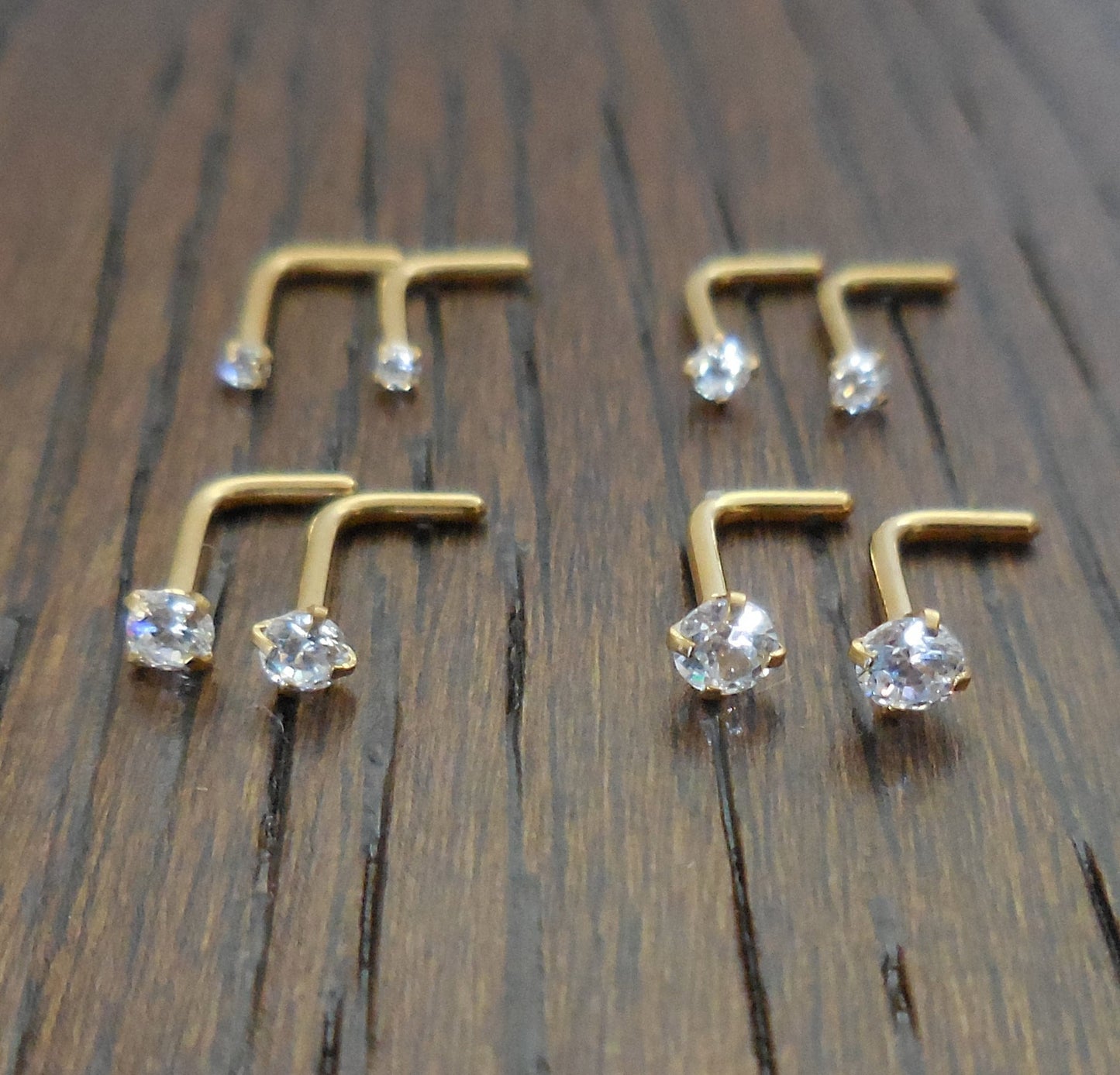 Pair 1.5, 2, 2.5 or 3mm Prong Set Screws Rings Bones Stainless Steel Nose L Shape Bend Titanium Stud Gold Tone 20G or 18G