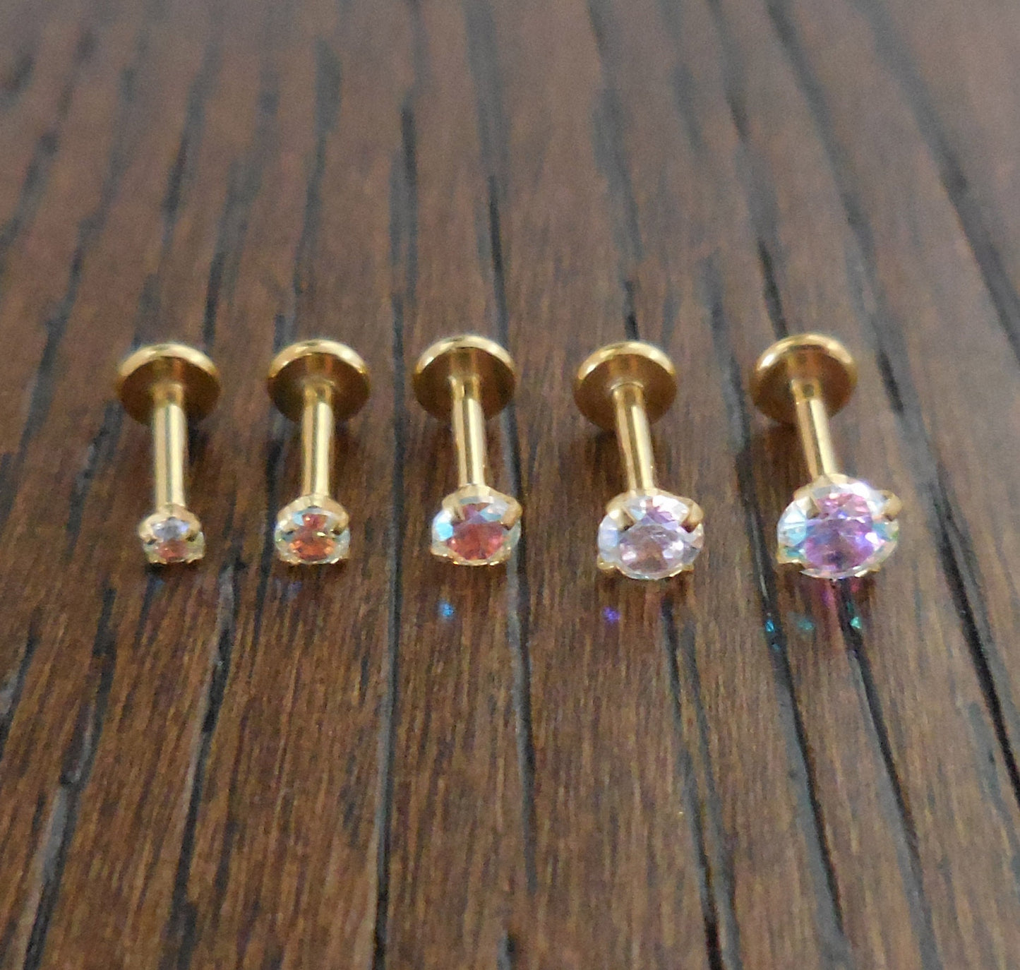 16g 2-4mm Tragus 6mm-8mm AB Crystal Push Pin Labret Nose Ring Titanium Prong Set Stone Cartilage Earrings Gold Tone Triple Helix Thread Less