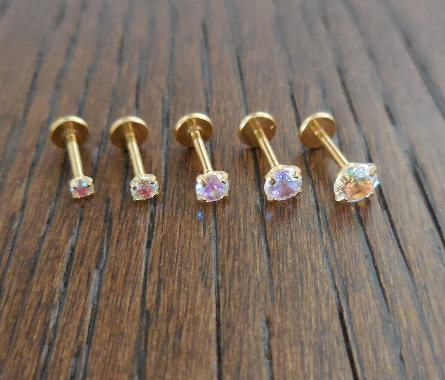 18g 2-4mm Tragus AB Crystal Push Pin Nose Ring Cartilage Earrings Gold Tone Labret Thread Less Triple Forward Helix Prong Set