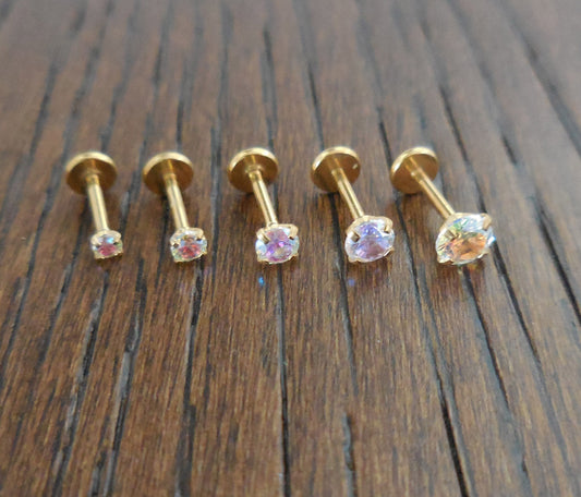18g 2-4mm Tragus AB Crystal Push Pin Nose Ring Cartilage Earrings Gold Tone Labret Thread Less Triple Forward Helix Prong Set