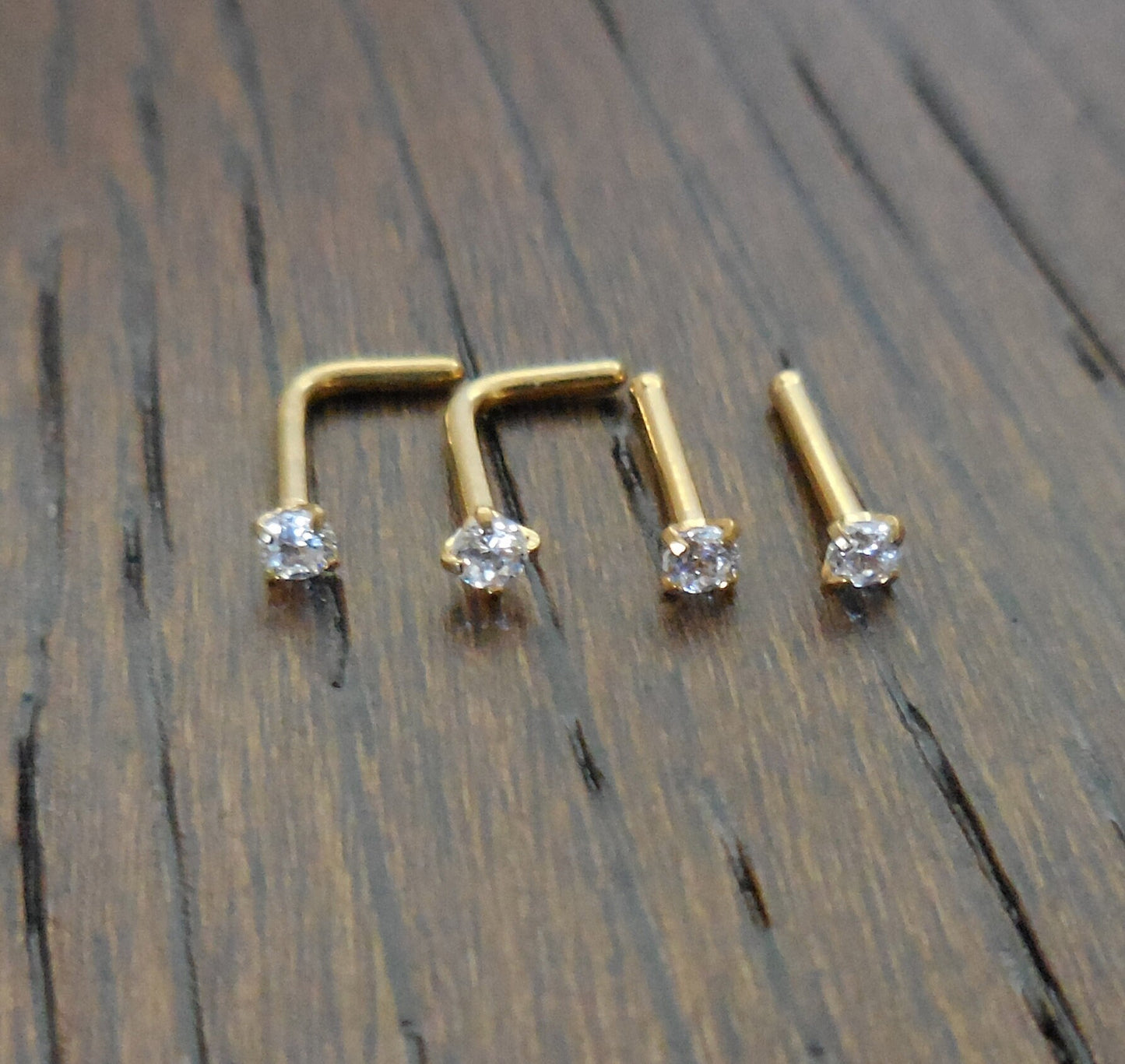 Pair 1.5, 2, 2.5 or 3mm Prong Set Screws Rings Bones Stainless Steel Nose L Shape Bend Titanium Stud Gold Tone 20G or 18G