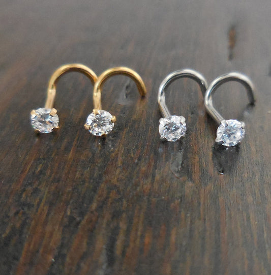 Pair 18G or 20G Stainless Steel Gold Tone Titanium Anodized Nose Screws Rings Clear Prong Set CZ Stone 1.5,2,2.5,3mm Ring Stud