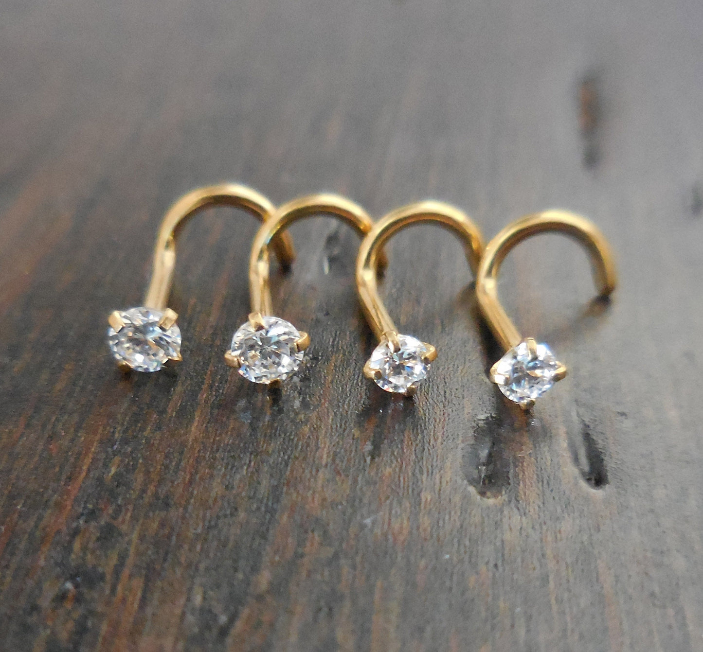 Pair 18G or 20G Stainless Steel Gold Tone Titanium Anodized Nose Screws Rings Clear Prong Set CZ Stone 1.5,2,2.5,3mm Ring Stud