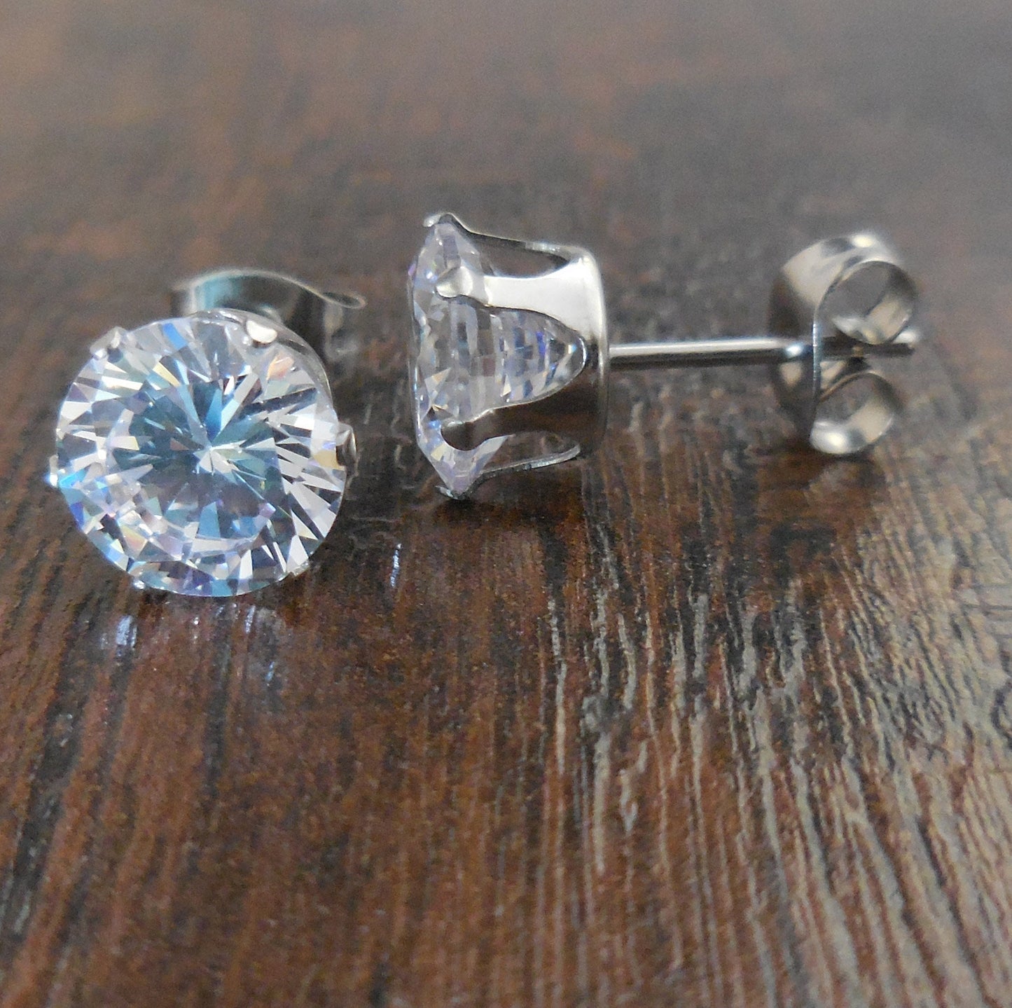 Pair Sterling Steel and Clear CZ Cubic Zirconia Stud Earrings Post Solitaire Rings Prong set 3mm-8mm Prong Set Stones