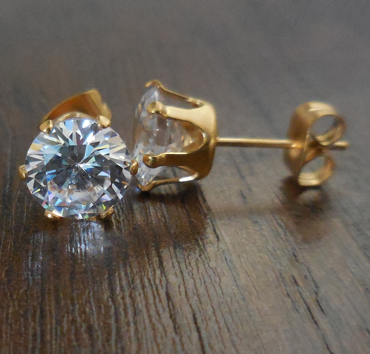 Pair Gold Tone Titanium Anodized Clear CZ Cubic Zirconia Stud Earrings Post Solitaire Rings Prong set 3mm-8mm Prong Set Stones