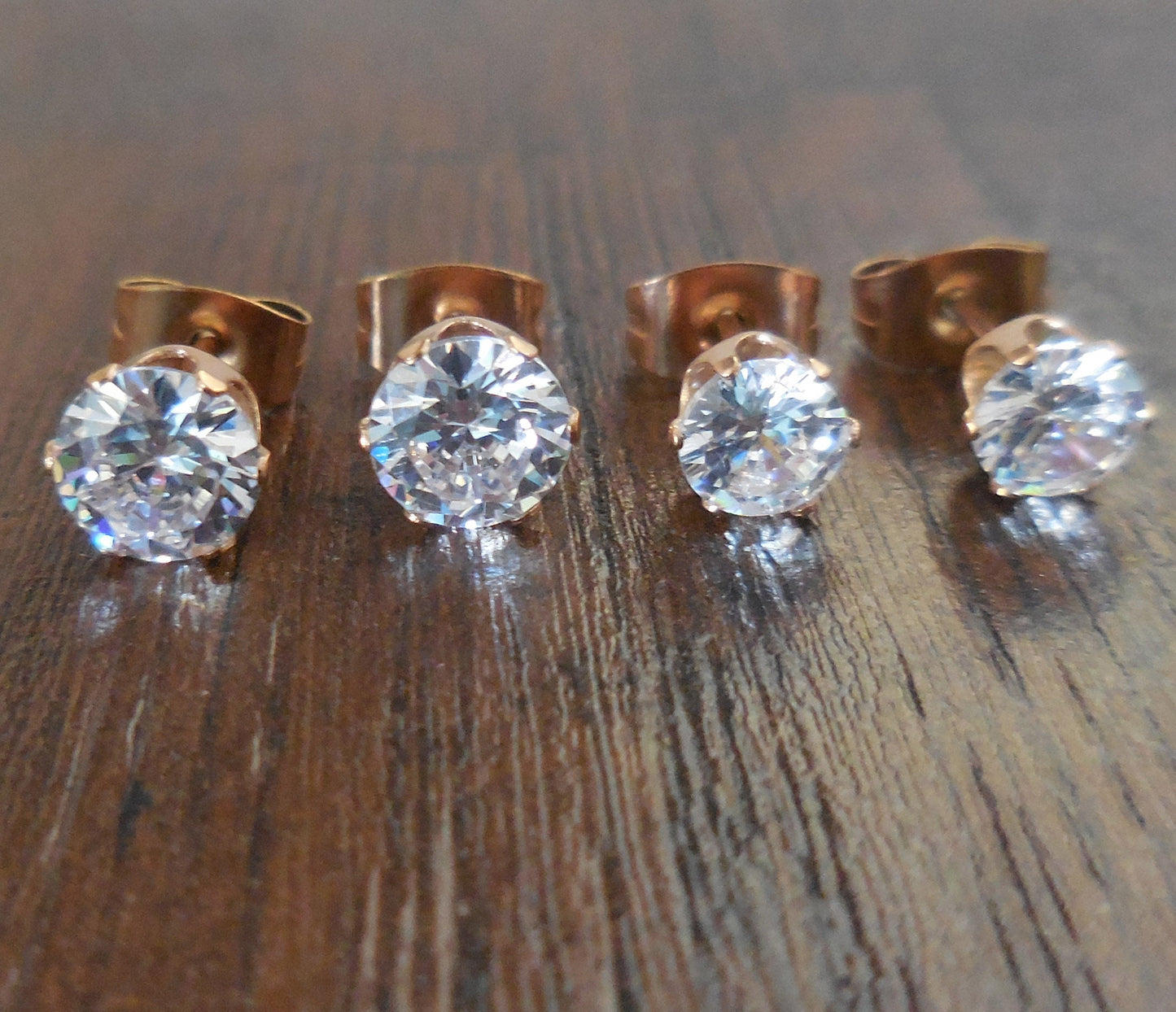 Pair Rose Gold Tone Titanium Anodized Clear CZ Cubic Zirconia Stud Earrings Post Solitaire Rings Prong set 3mm-8mm Prong Set Stones