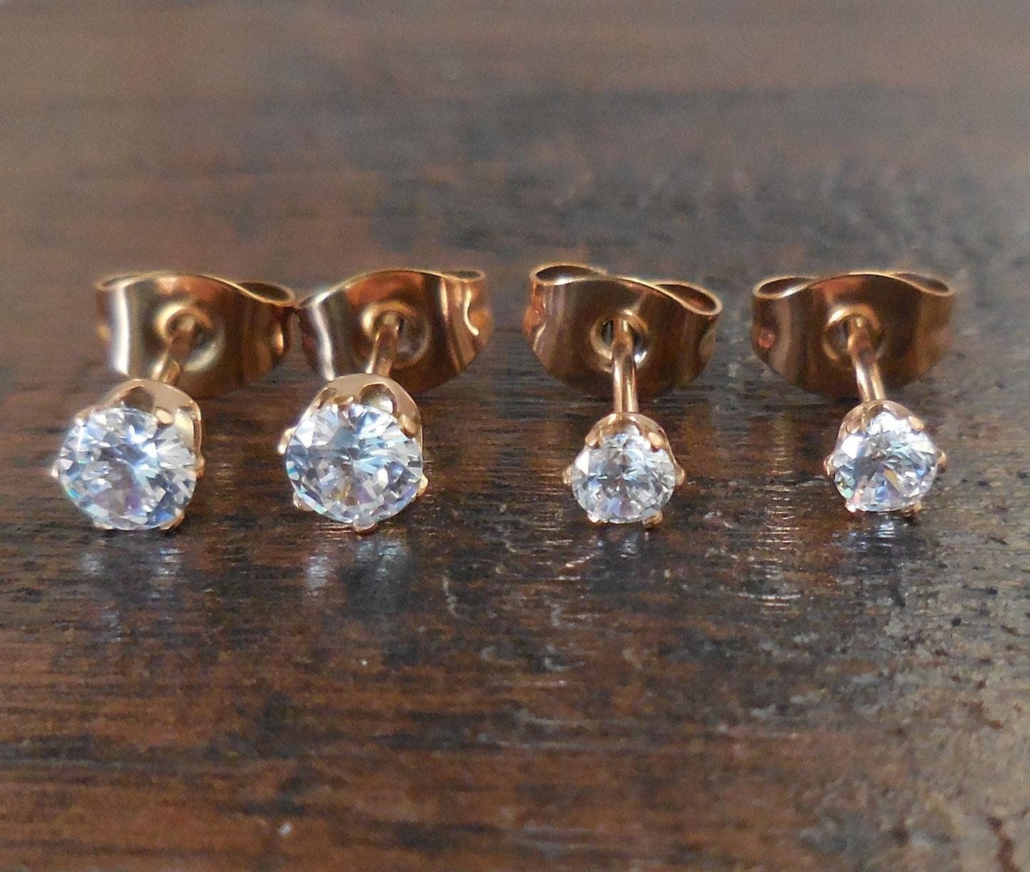 Pair Rose Gold Tone Titanium Anodized Clear CZ Cubic Zirconia Stud Earrings Post Solitaire Rings Prong set 3mm-8mm Prong Set Stones