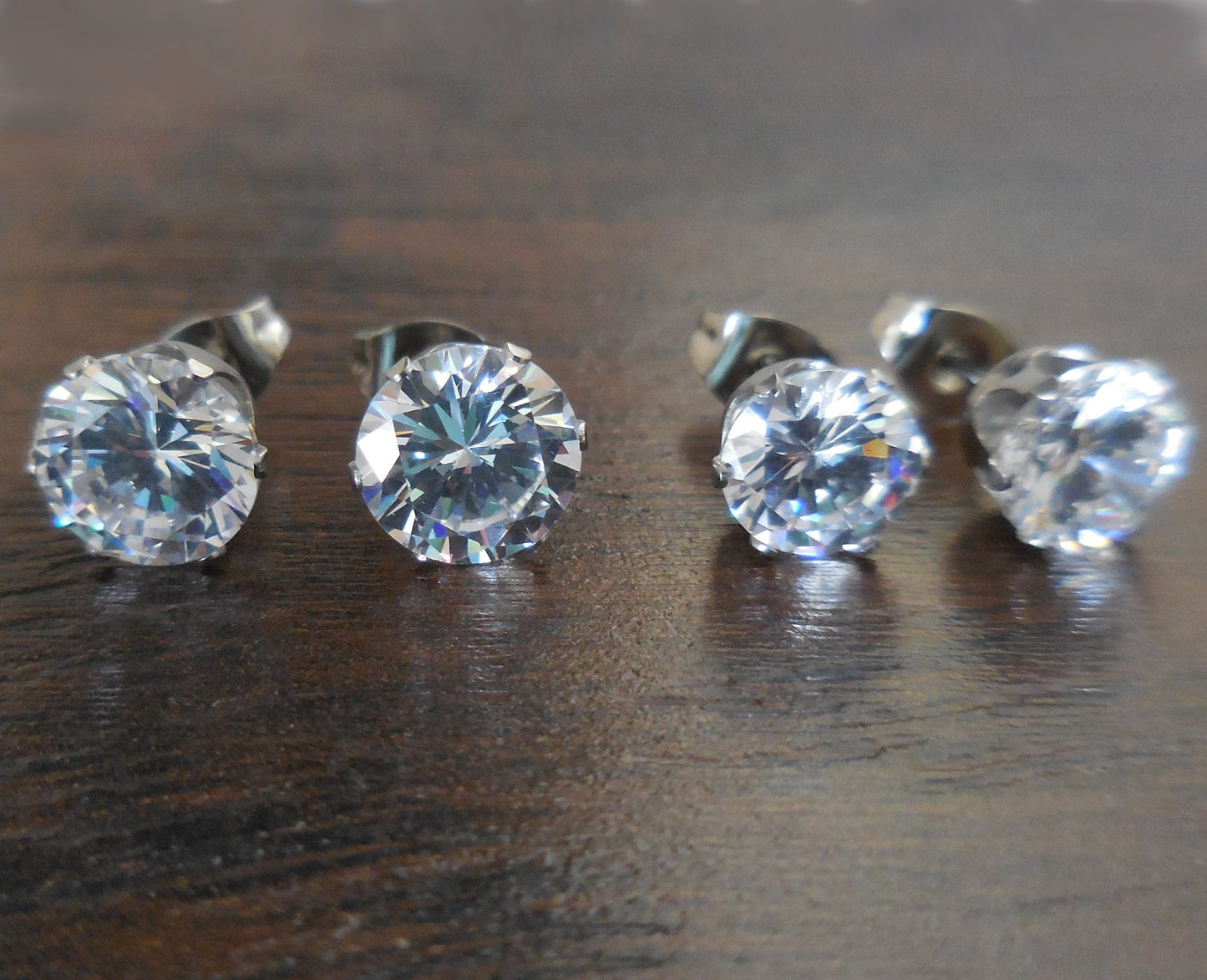Pair Sterling Steel and Clear CZ Cubic Zirconia Stud Earrings Post Solitaire Rings Prong set 3mm-8mm Prong Set Stones