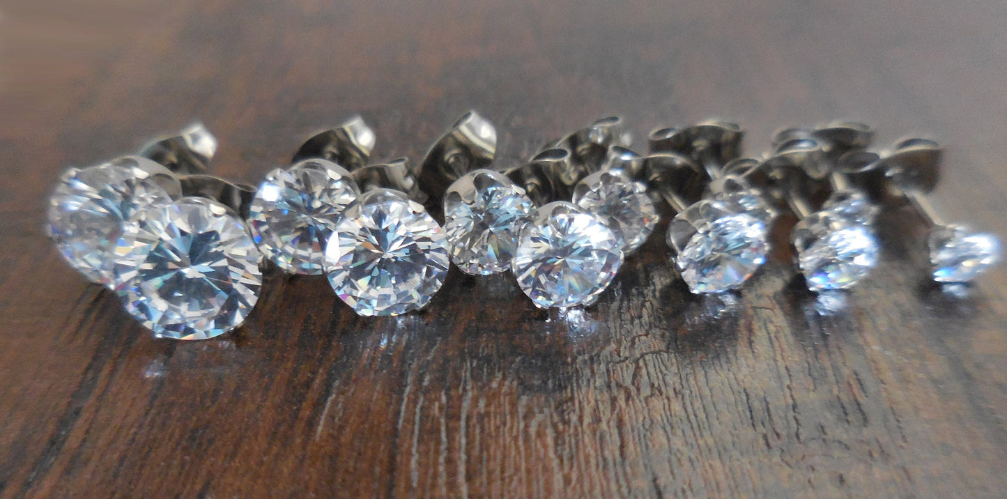 Pair Sterling Steel and Clear CZ Cubic Zirconia Stud Earrings Post Solitaire Rings Prong set 3mm-8mm Prong Set Stones