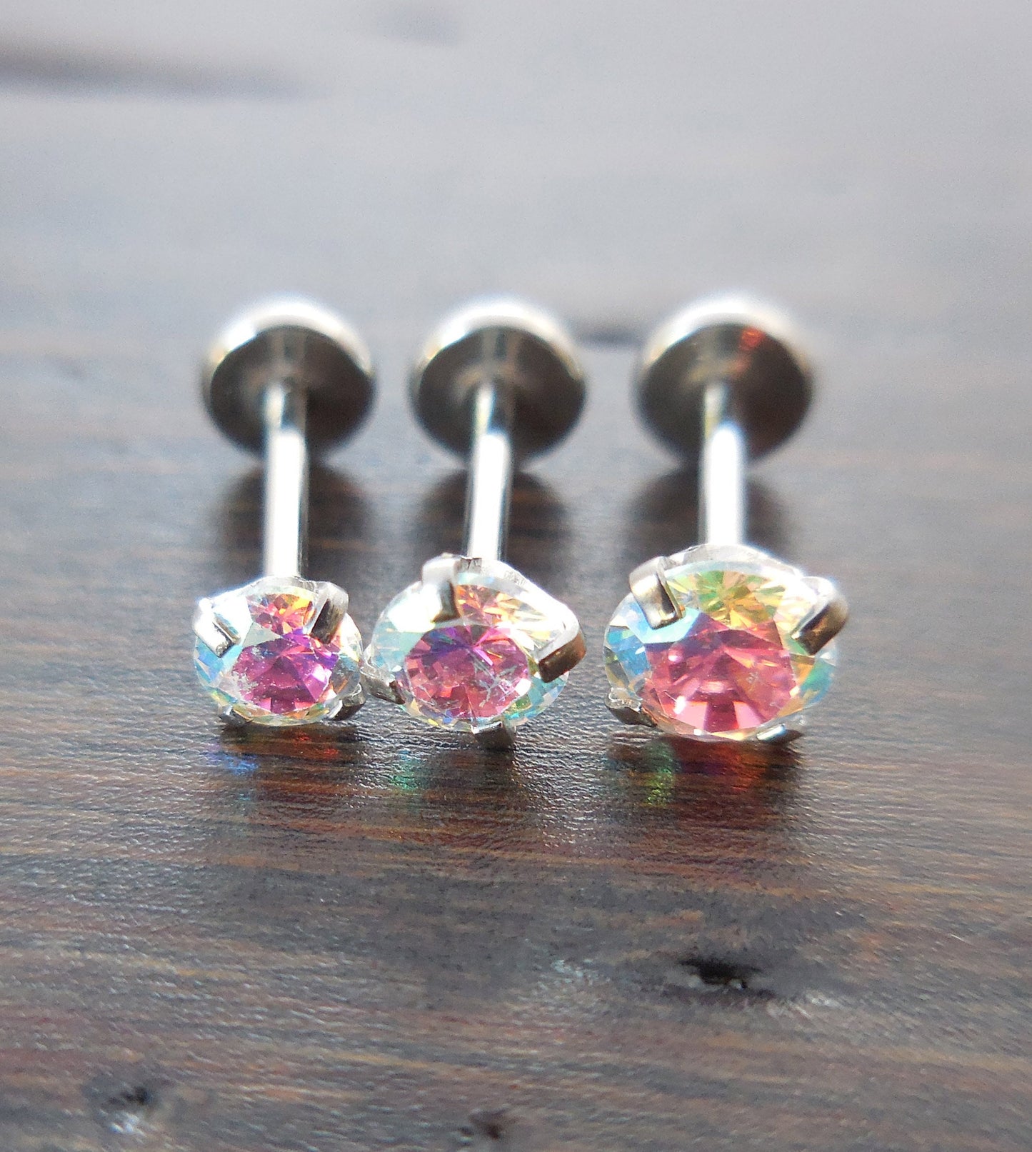 20G 2-4mm Tragus Threadless 6mm-8mm Push Pin Triple Helix Nose Ring Labret Lip Earrings Steel Prong Set AB Rainbow Auroral Borealis Crystal