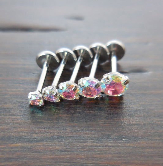 20G 2-4mm Tragus Threadless 6mm-8mm Push Pin Triple Helix Nose Ring Labret Lip Earrings Steel Prong Set AB Rainbow Auroral Borealis Crystal