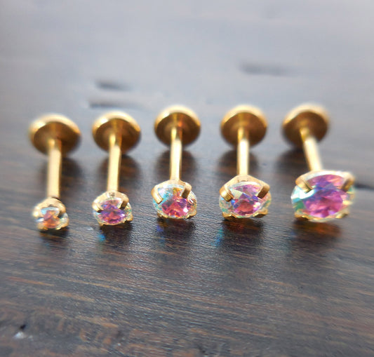 20g 2-4mm Labret Thread Less Triple Forward Helix Prong Set Tragus AB Crystal Push Pin 6mm-8mm Nose Ring Cartilage Earrings Gold Tone