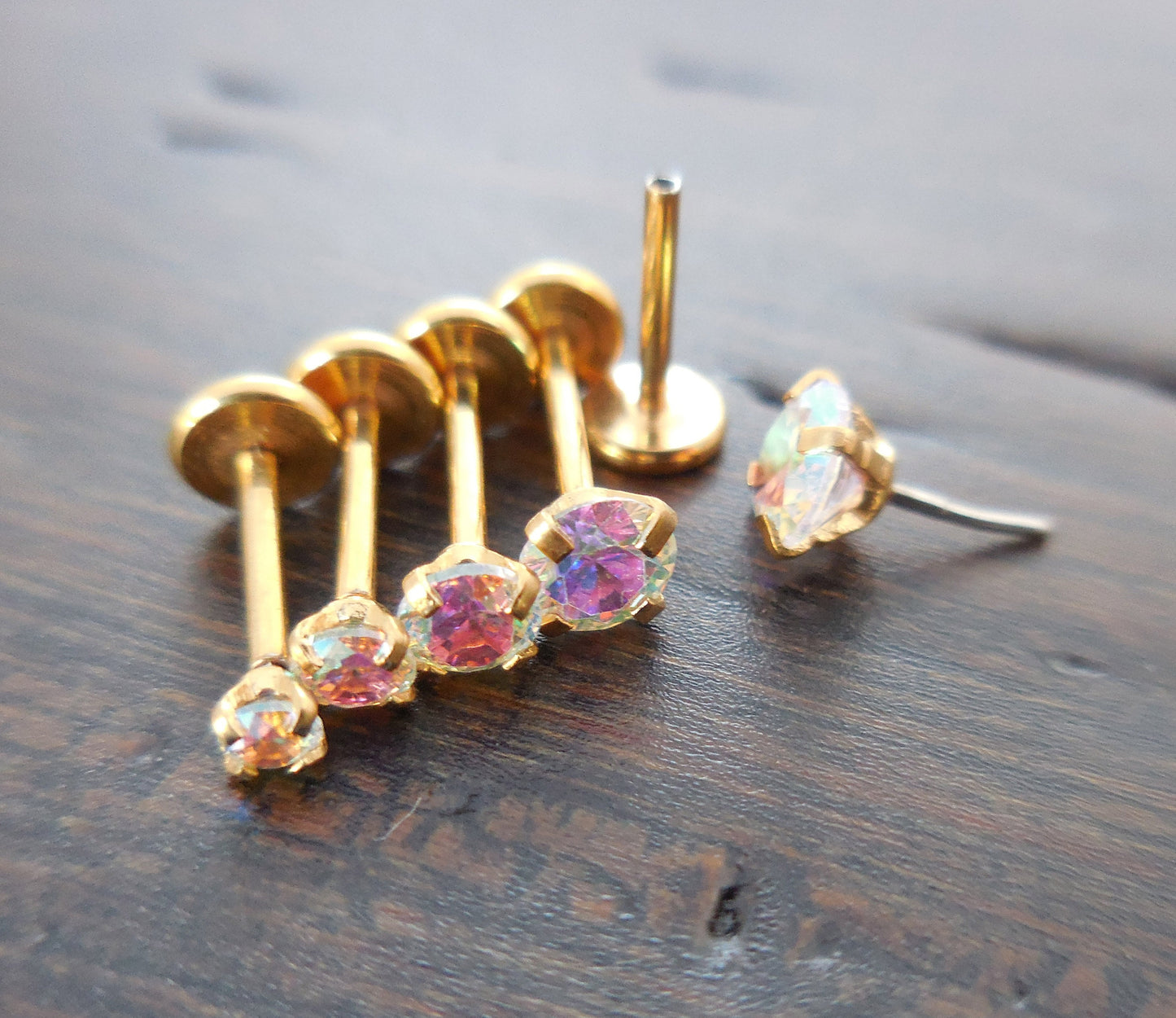 20g 2-4mm Labret Thread Less Triple Forward Helix Prong Set Tragus AB Crystal Push Pin 6mm-8mm Nose Ring Cartilage Earrings Gold Tone