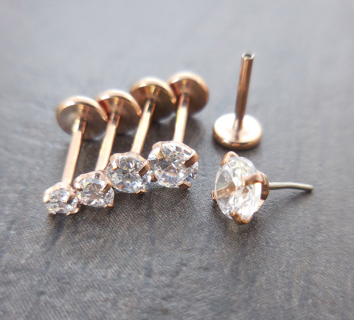 20g Triple Forward Helix Tragus Threadless Push Pin 6mm-8mm Nose Ring Prong Set Clear CZ 2-4mm Cartilage Earrings Rose Gold Tone Labret