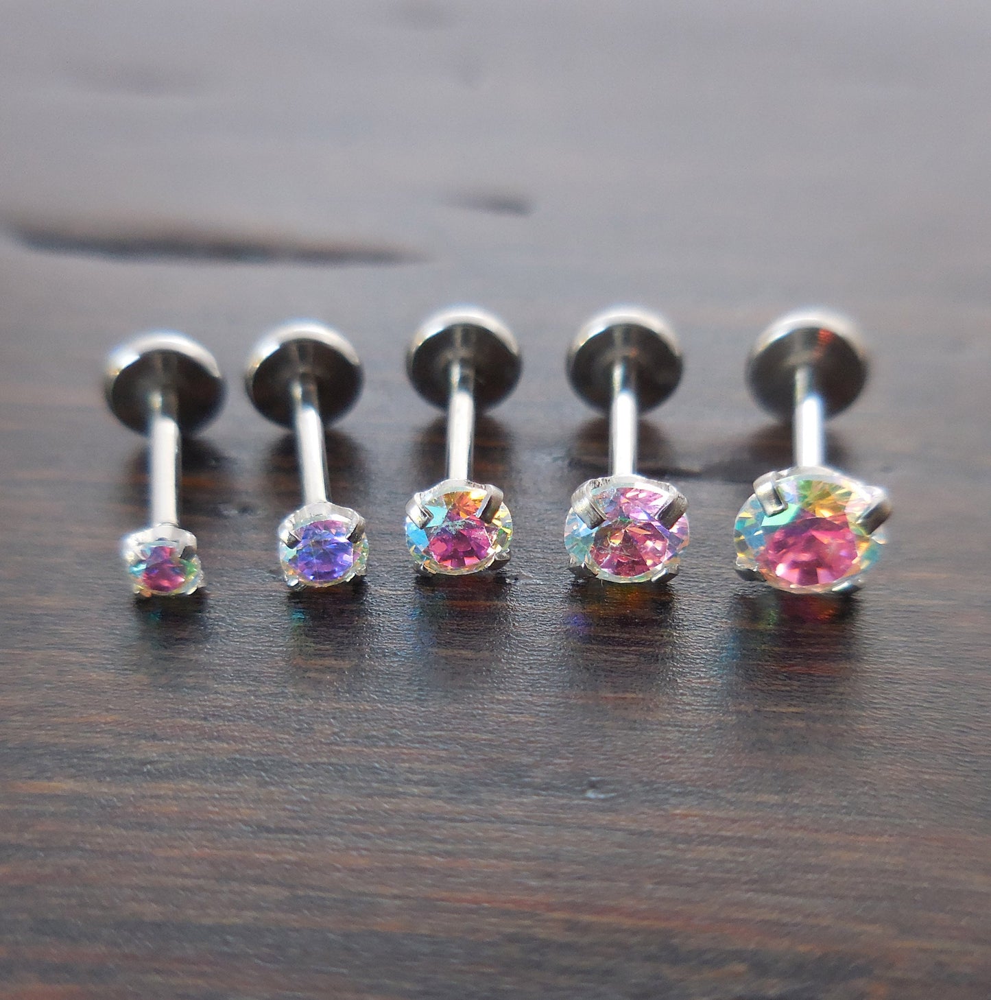 20G 2-4mm Tragus Threadless 6mm-8mm Push Pin Triple Helix Nose Ring Labret Lip Earrings Steel Prong Set AB Rainbow Auroral Borealis Crystal