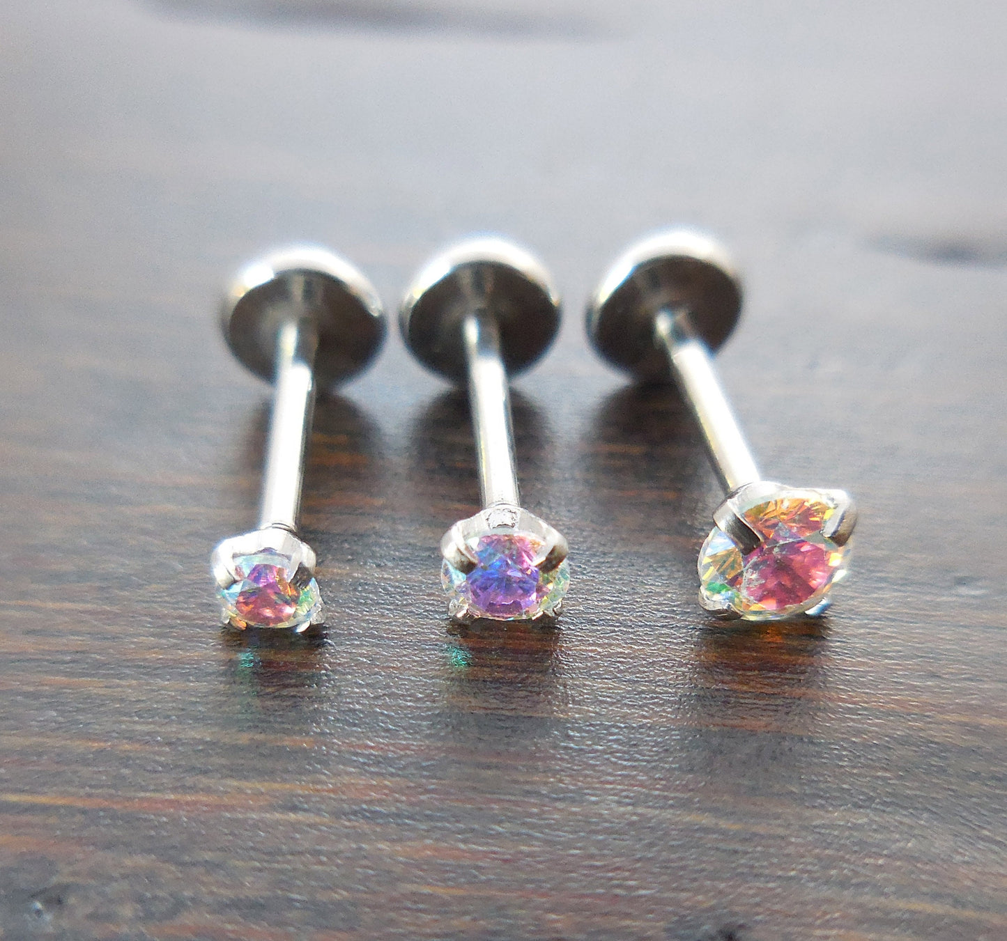 20G 2-4mm Tragus Threadless 6mm-8mm Push Pin Triple Helix Nose Ring Labret Lip Earrings Steel Prong Set AB Rainbow Auroral Borealis Crystal