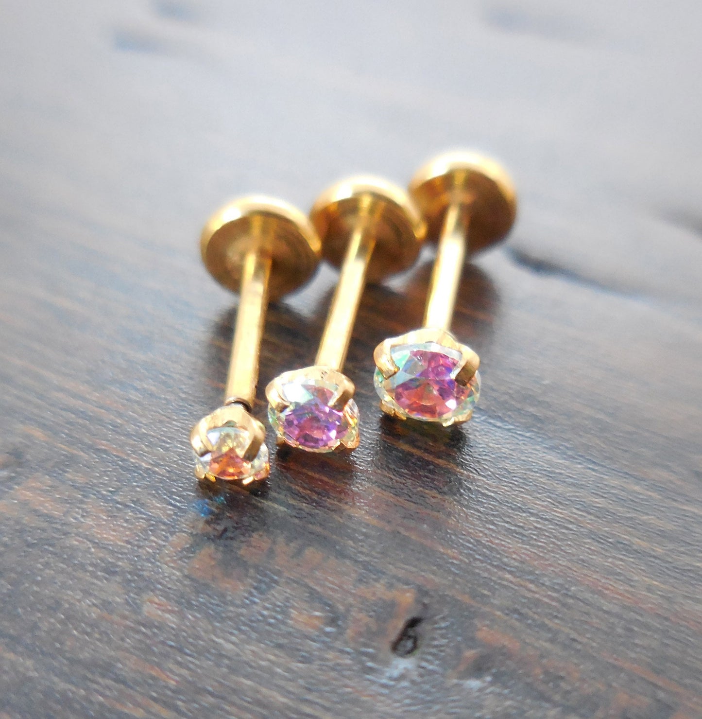 20g 2-4mm Labret Thread Less Triple Forward Helix Prong Set Tragus AB Crystal Push Pin 6mm-8mm Nose Ring Cartilage Earrings Gold Tone