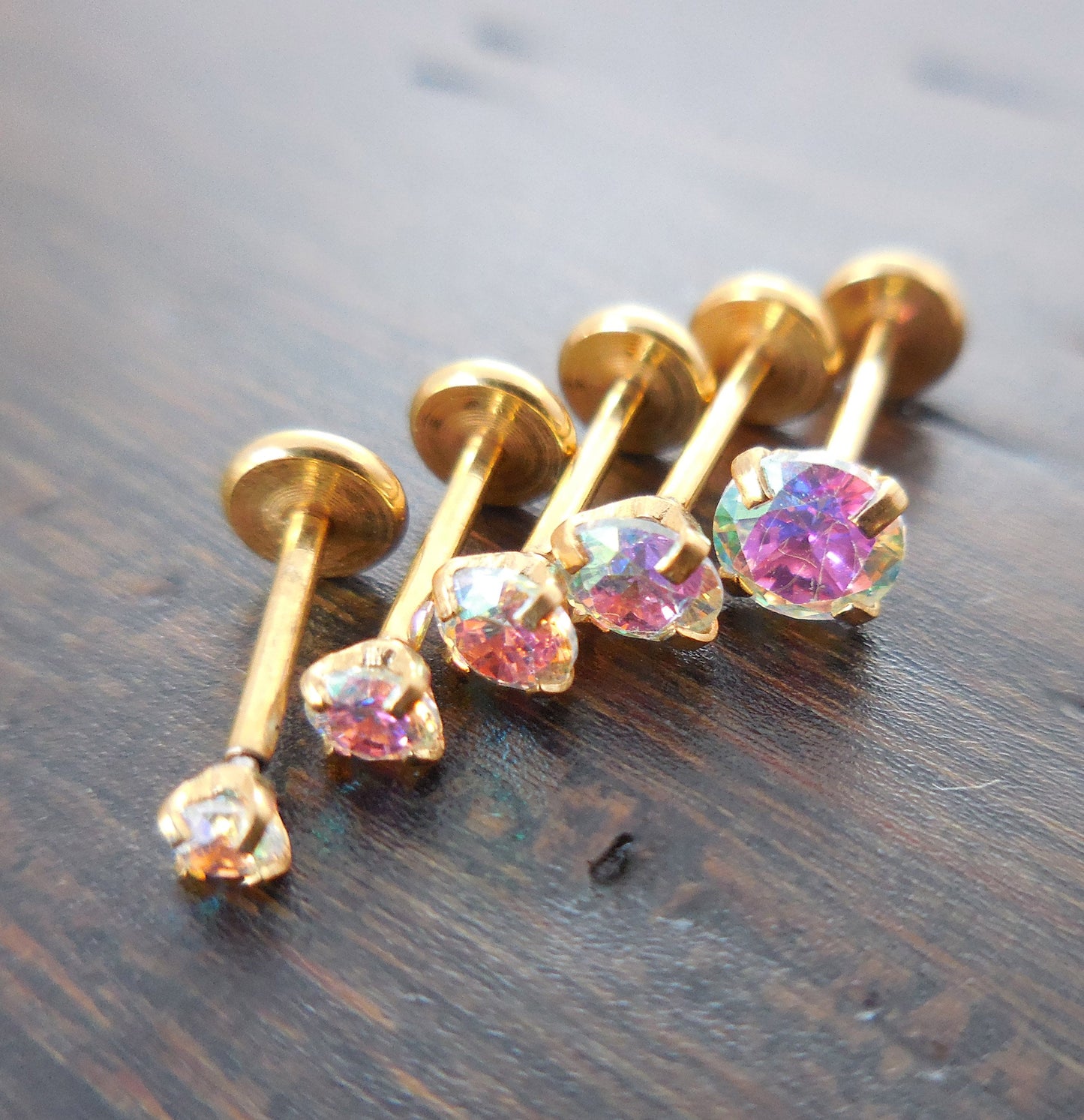 20g 2-4mm Labret Thread Less Triple Forward Helix Prong Set Tragus AB Crystal Push Pin 6mm-8mm Nose Ring Cartilage Earrings Gold Tone