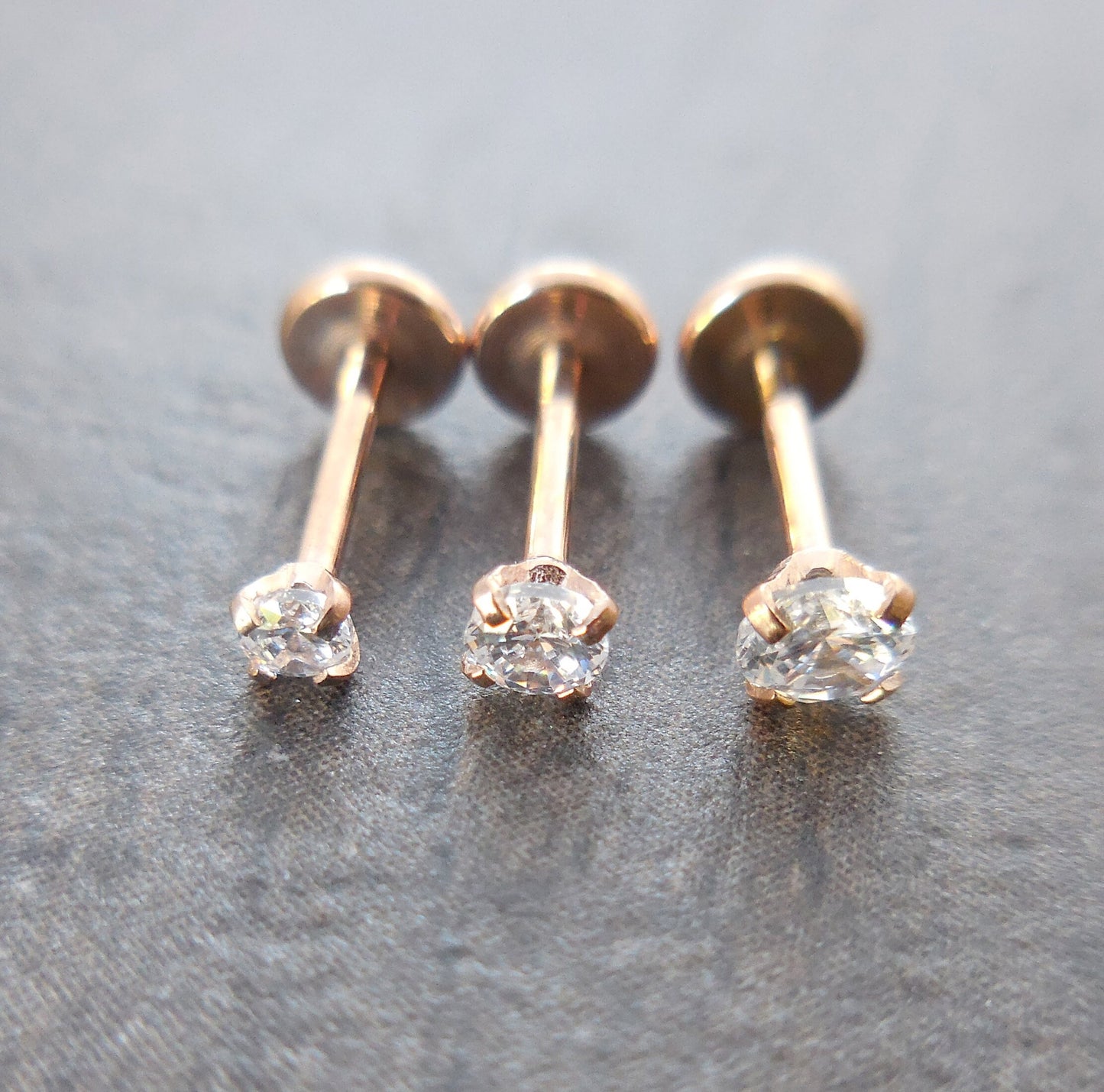 20g Triple Forward Helix Tragus Threadless Push Pin 6mm-8mm Nose Ring Prong Set Clear CZ 2-4mm Cartilage Earrings Rose Gold Tone Labret