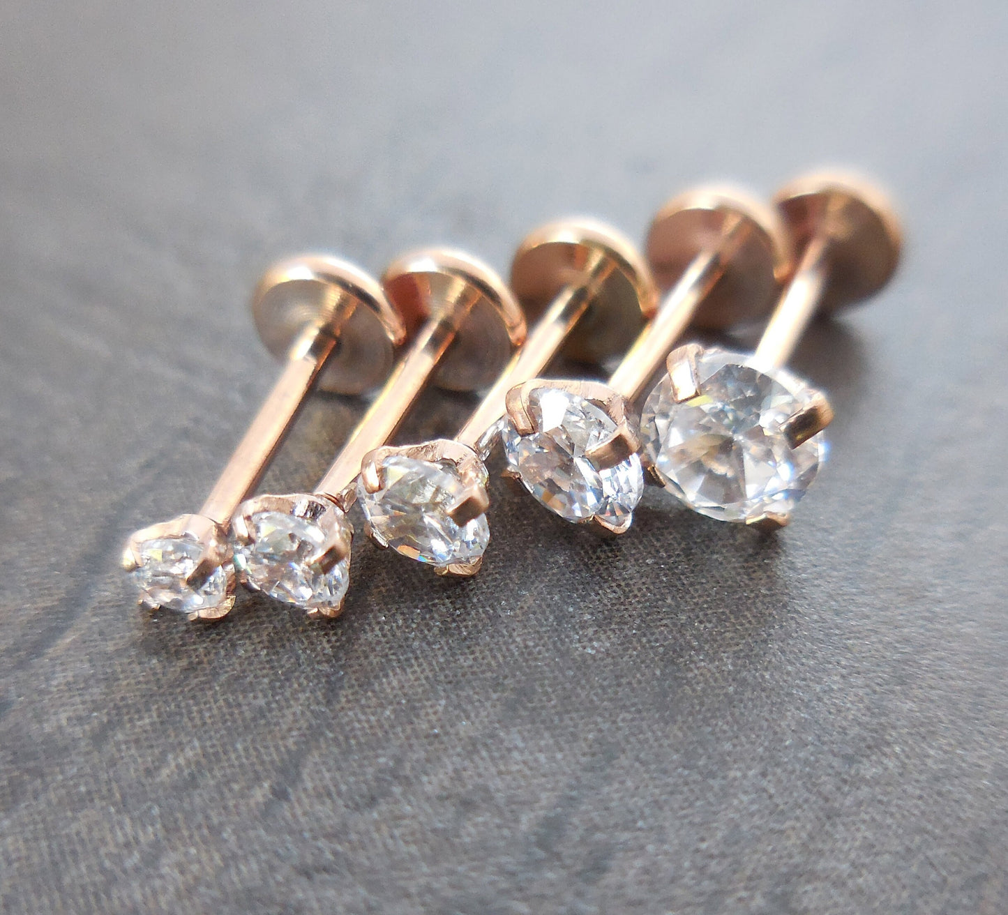 20g Triple Forward Helix Tragus Threadless Push Pin 6mm-8mm Nose Ring Prong Set Clear CZ 2-4mm Cartilage Earrings Rose Gold Tone Labret