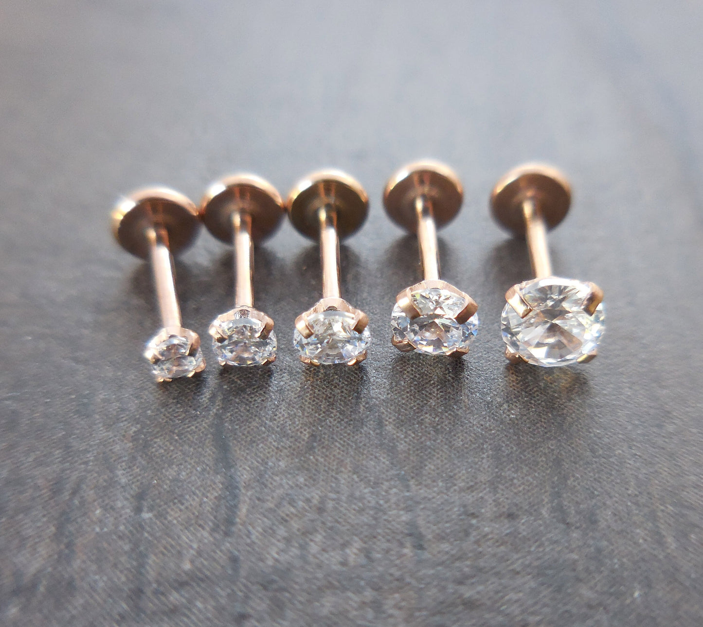 20g Triple Forward Helix Tragus Threadless Push Pin 6mm-8mm Nose Ring Prong Set Clear CZ 2-4mm Cartilage Earrings Rose Gold Tone Labret