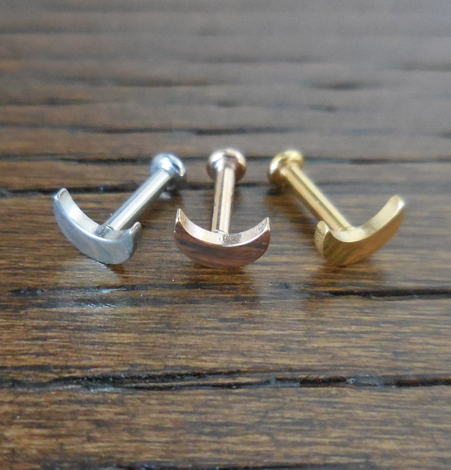 Threadless Flat Back Moon Labret Stud Tragus Helix Push Pin Cartilage Earring Conch 16G, 18G, 20G  Earrings Gold Tone Rose Stud