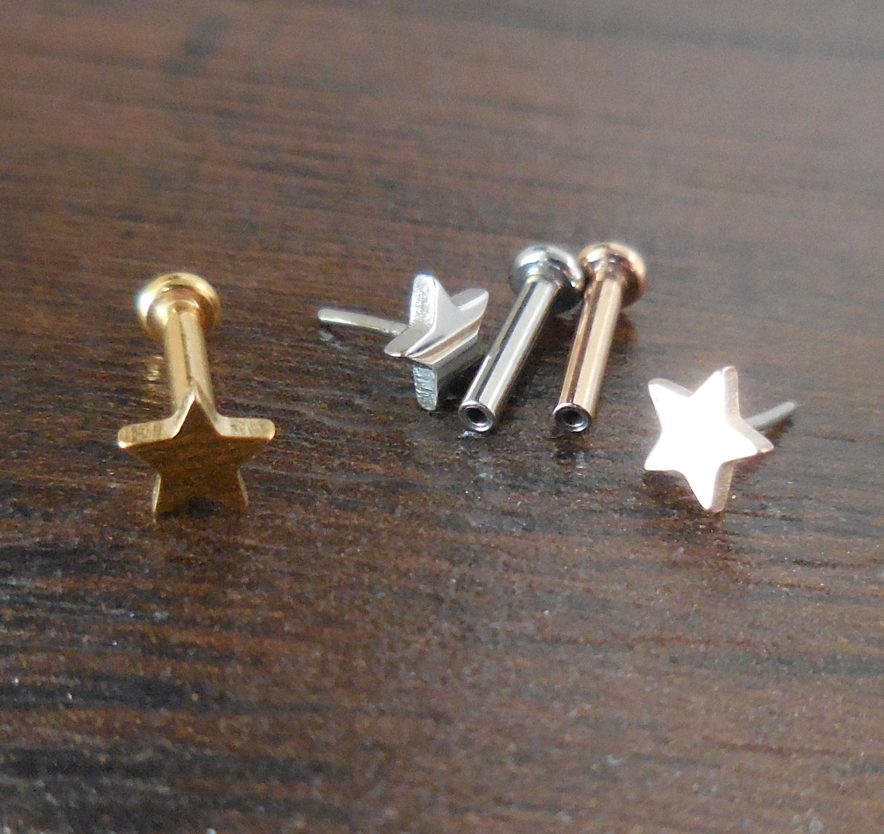 16G, 18G, 20G Cartilage Earring Threadless FlatBack Mini Star Labret Stud Tragus Helix Push Pin Conch Earrings Gold Tone Rose Stud