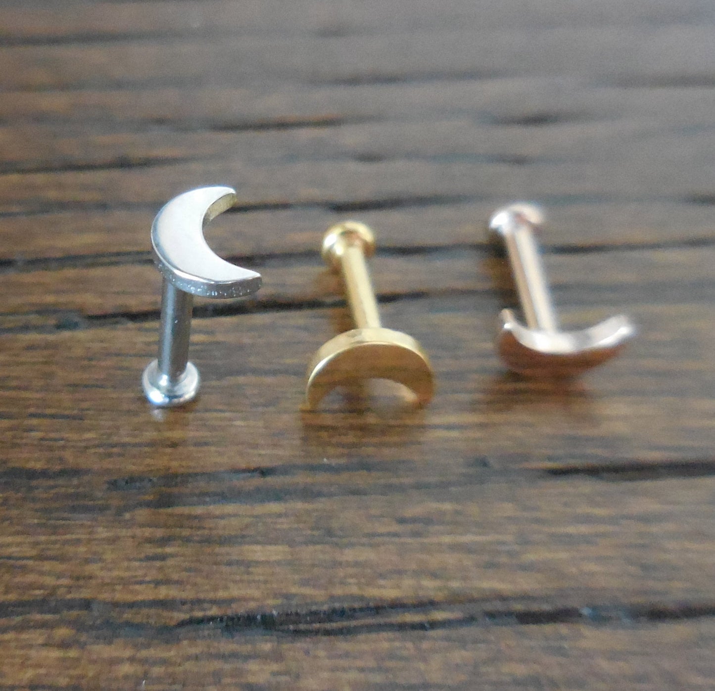 Threadless Flat Back Moon Labret Stud Tragus Helix Push Pin Cartilage Earring Conch 16G, 18G, 20G  Earrings Gold Tone Rose Stud