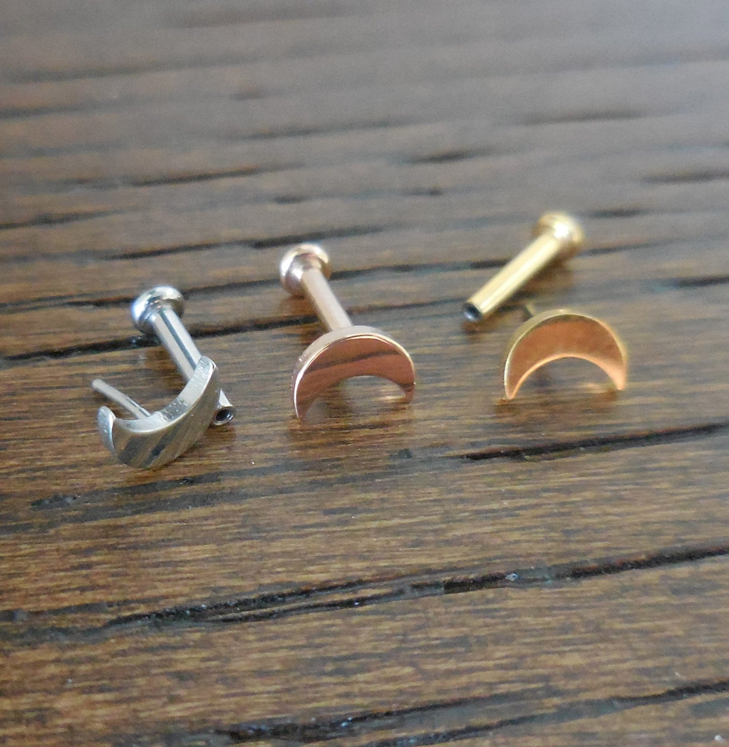 Threadless Flat Back Moon Labret Stud Tragus Helix Push Pin Cartilage Earring Conch 16G, 18G, 20G  Earrings Gold Tone Rose Stud