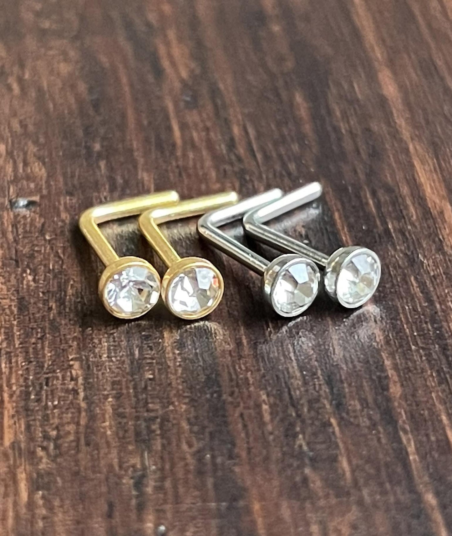 18G or 20G Pair L Shape Nose Rings Clear CZ Bezel Set Stone Gold Tone Titanium Anodized 1.5,2,2.5,3mm Stainless Steel Ring Stud