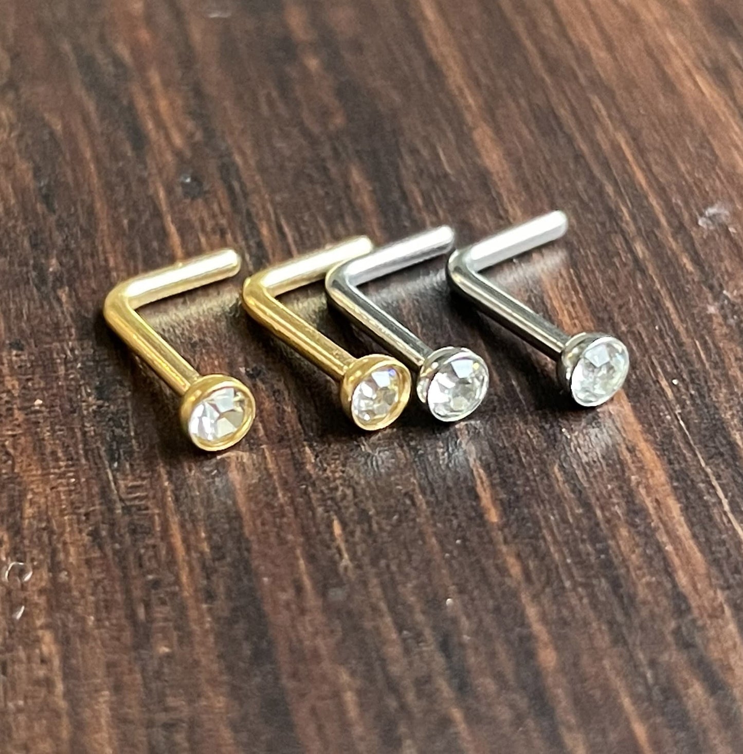 18G or 20G Pair L Shape Nose Rings Clear CZ Bezel Set Stone Gold Tone Titanium Anodized 1.5,2,2.5,3mm Stainless Steel Ring Stud